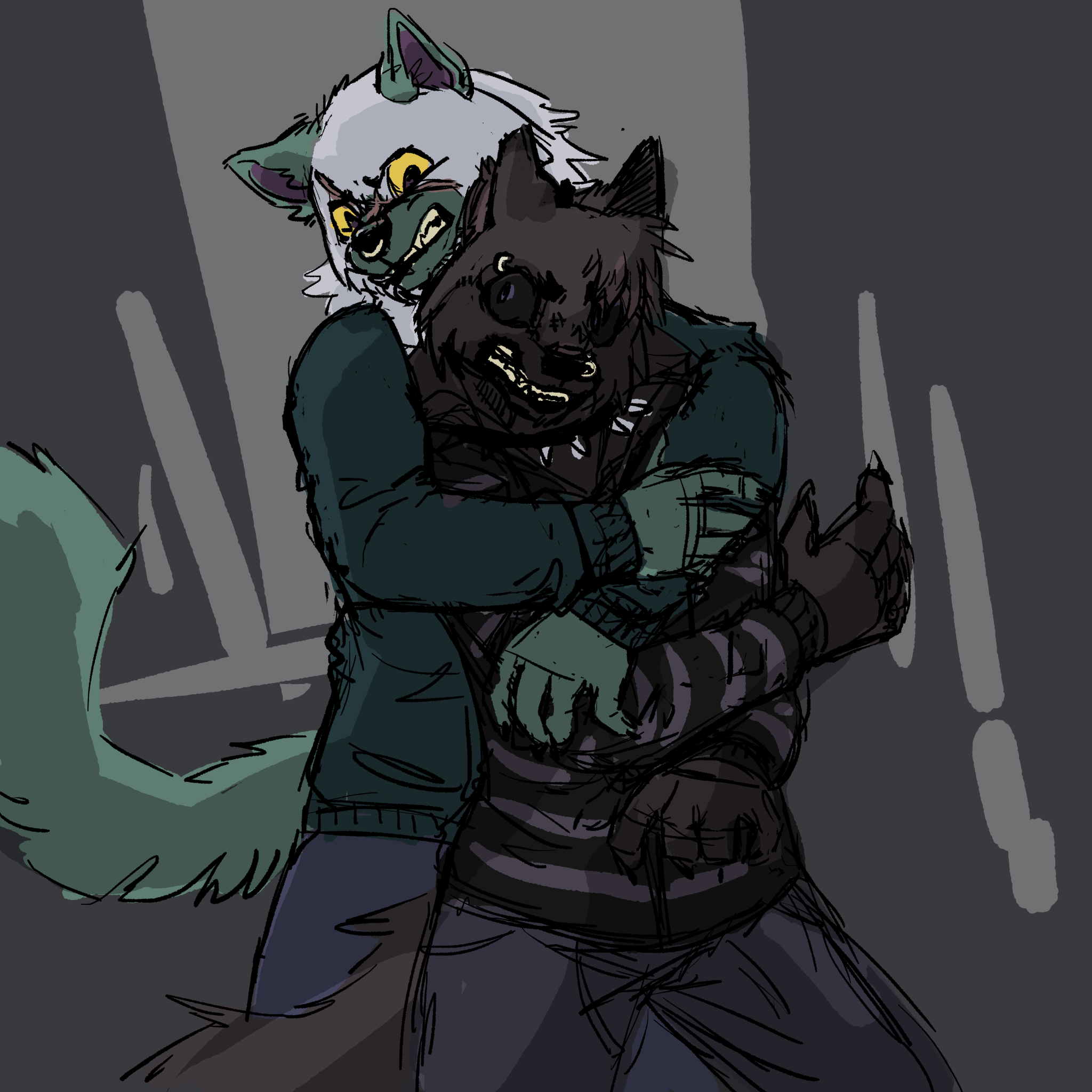 a digital sketch of Rozkurwiacz holding Fiona from behind, trying to keep her in place as she is during her werewolf rampage